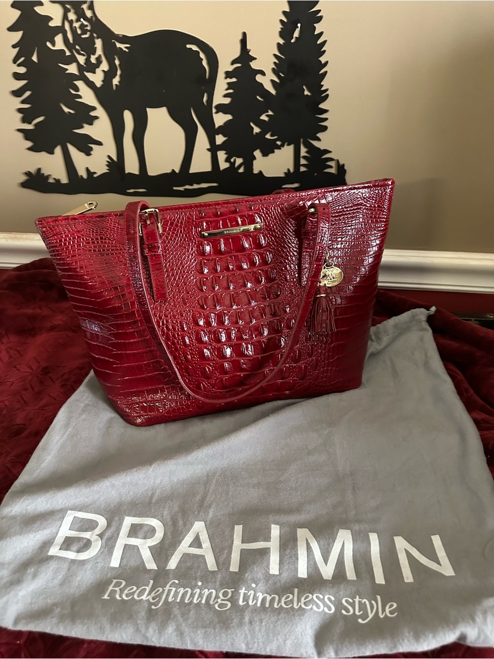 Brahmin Red Croc-Embossed Asher Tote Bag